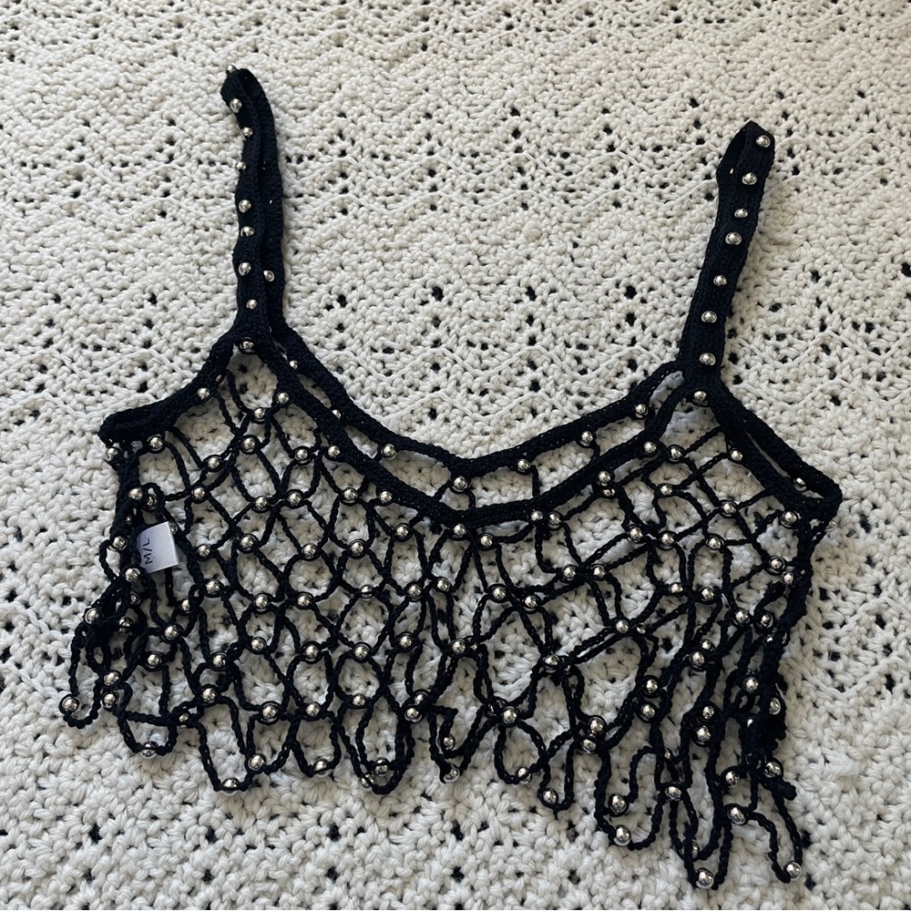 Black Beaded Crochet Fringe Tank Top
